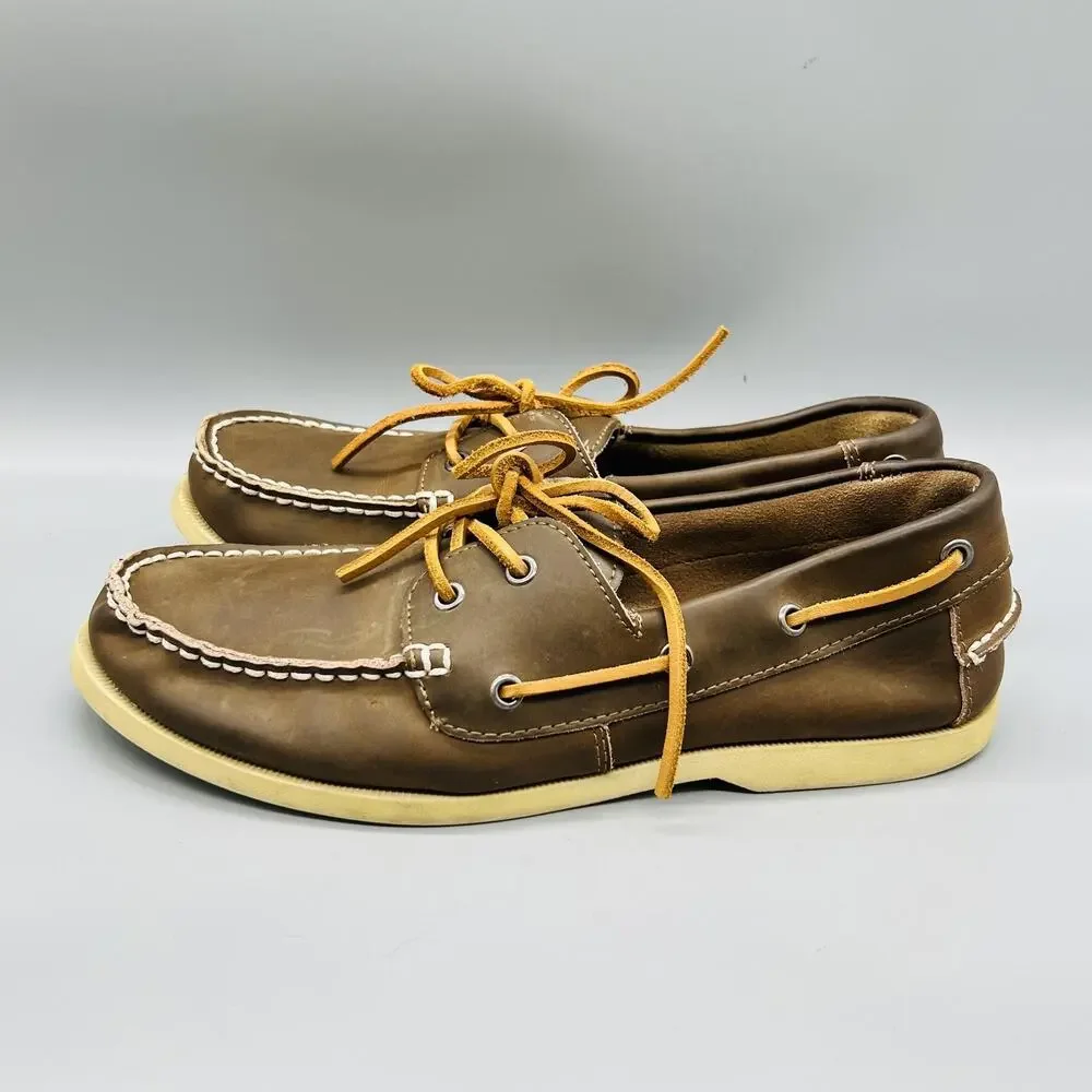 J Crew Shoes Mens 10 Brown Leather Boat Deck Moc Toe Casual Comfort Nautical